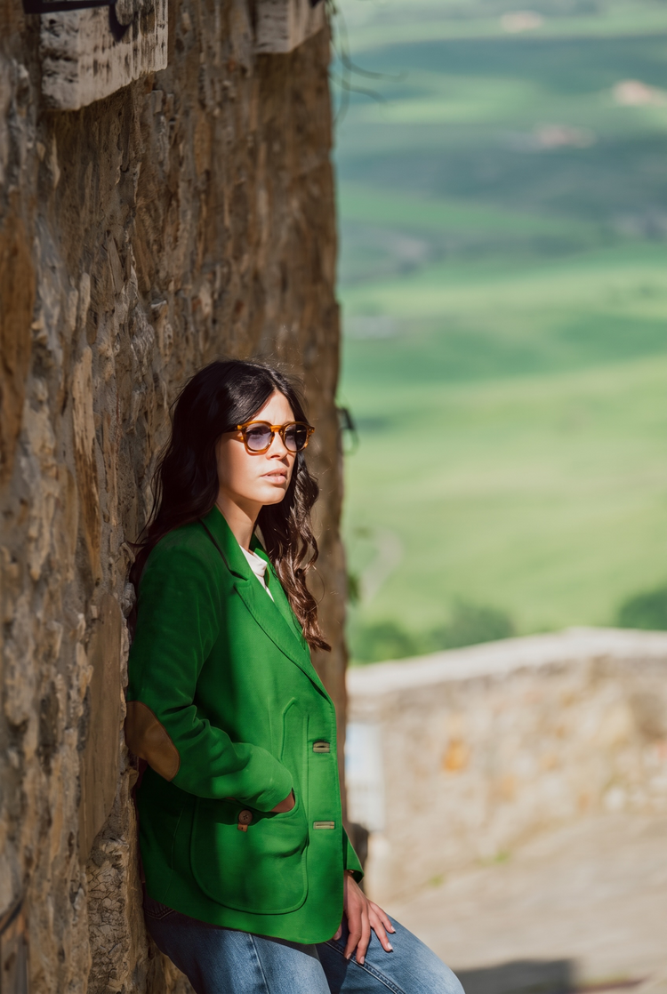 Violetta green fustian and leather trim