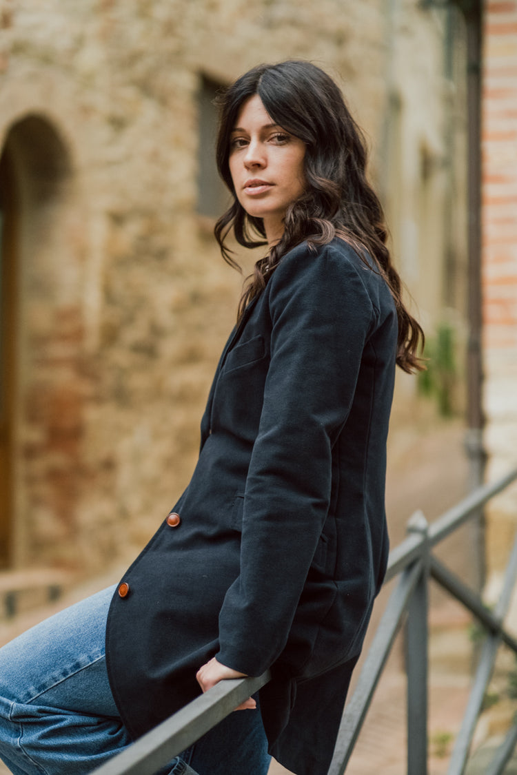 Violetta green fustian and leather trim