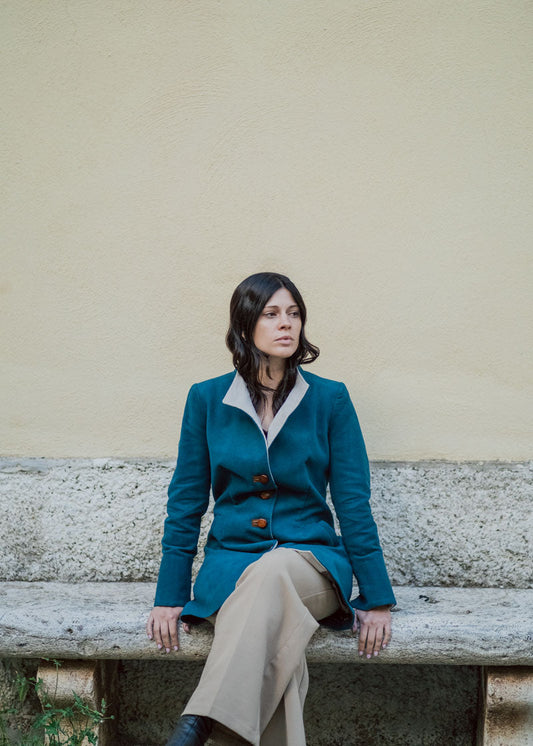 Violetta green fustian and leather trim