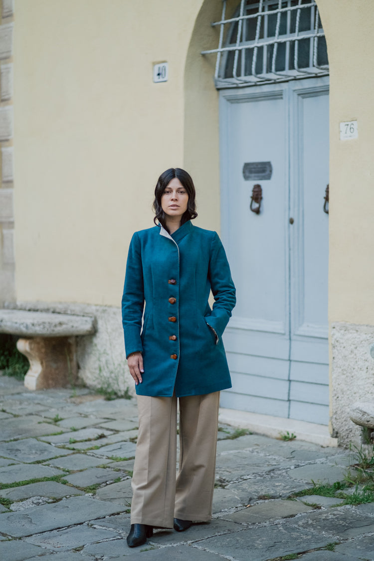 Violetta green fustian and leather trim