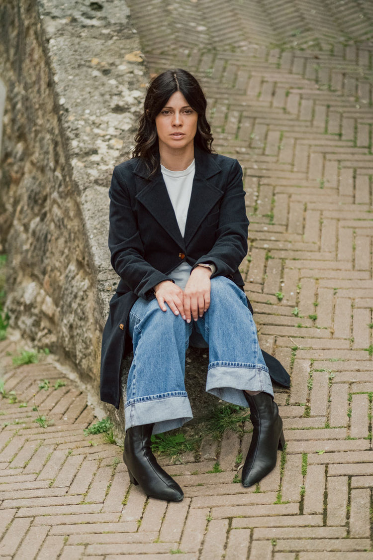 Violetta green fustian and leather trim